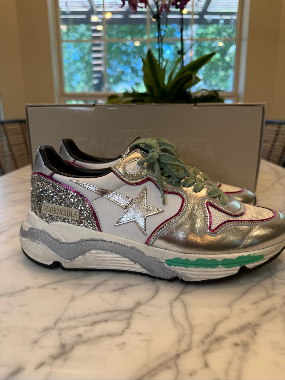Golden Goose Silver Metallic & White Running Star Sneakers with Glitter Heel